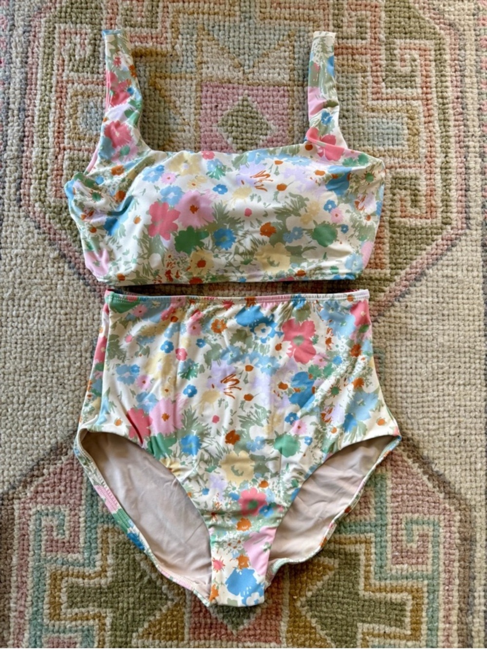 Hermoza Floral Two-Piece Swim Set in Cream, Pink, Blue, Green, Orange